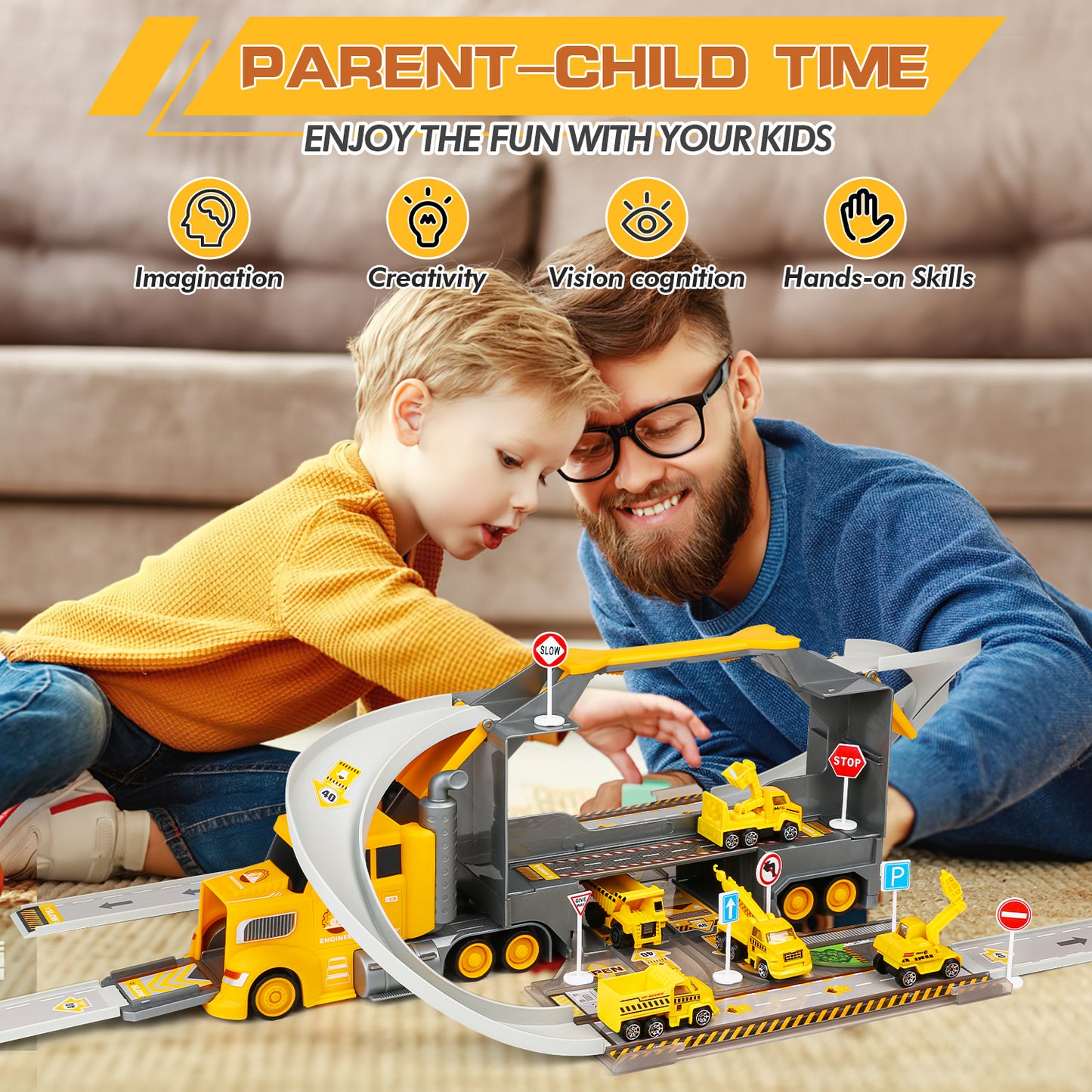 Construction Trucks for Toddlers Race Track Play set, 7in1 Construction Toys in Transport Car Carrier,Kids Construction Toys Birthday Gifts for Boys Girls 5-7(Yellow)