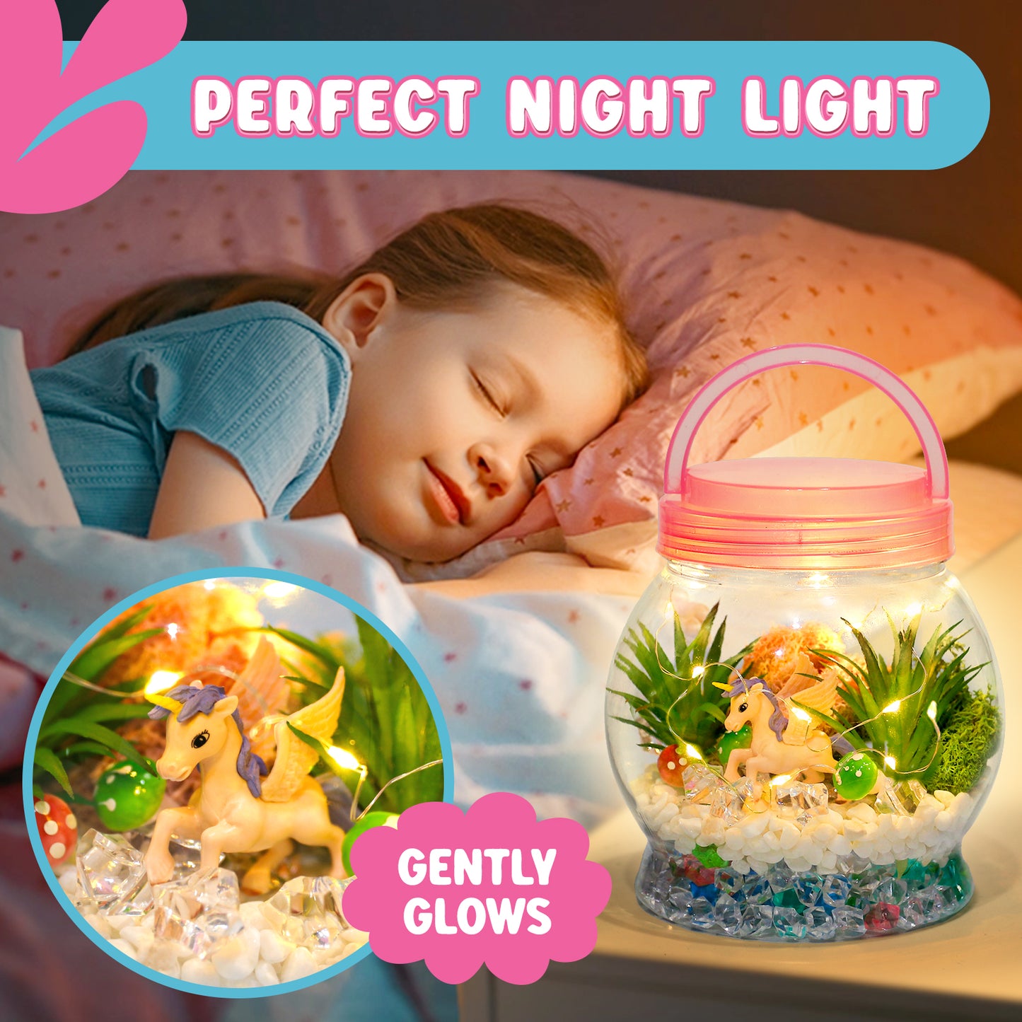 Unicorn Terrarium Kit for Kids - Light Up Art Crafts Toy, Birthday Christmas Gift for Girls 3 4 5 6-8 +, Unicorn Pink Toys for Girls 3+
