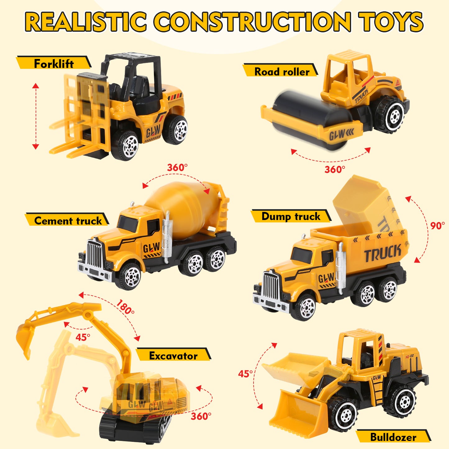 Construction Vehicle Toy Engineering Vehicles Set, 6 Alloy Cars/42 Accessories/2 Figures Construction Truck Toys Set w/tower crane, Toy Gift for Age 3 4 5 6 7 Kids Boys & Girls