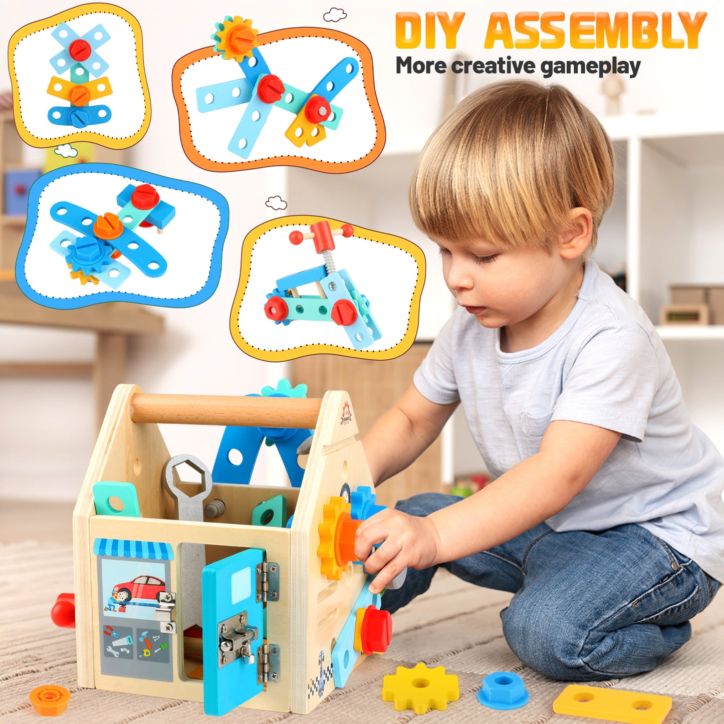 Huge Wave Kids Tool Set for Boys, Wooden Toddler Tool with Box, Montessori Educational Pretend Play Construction Toy, Christmas Gift for Age 2-6 Boys Girls