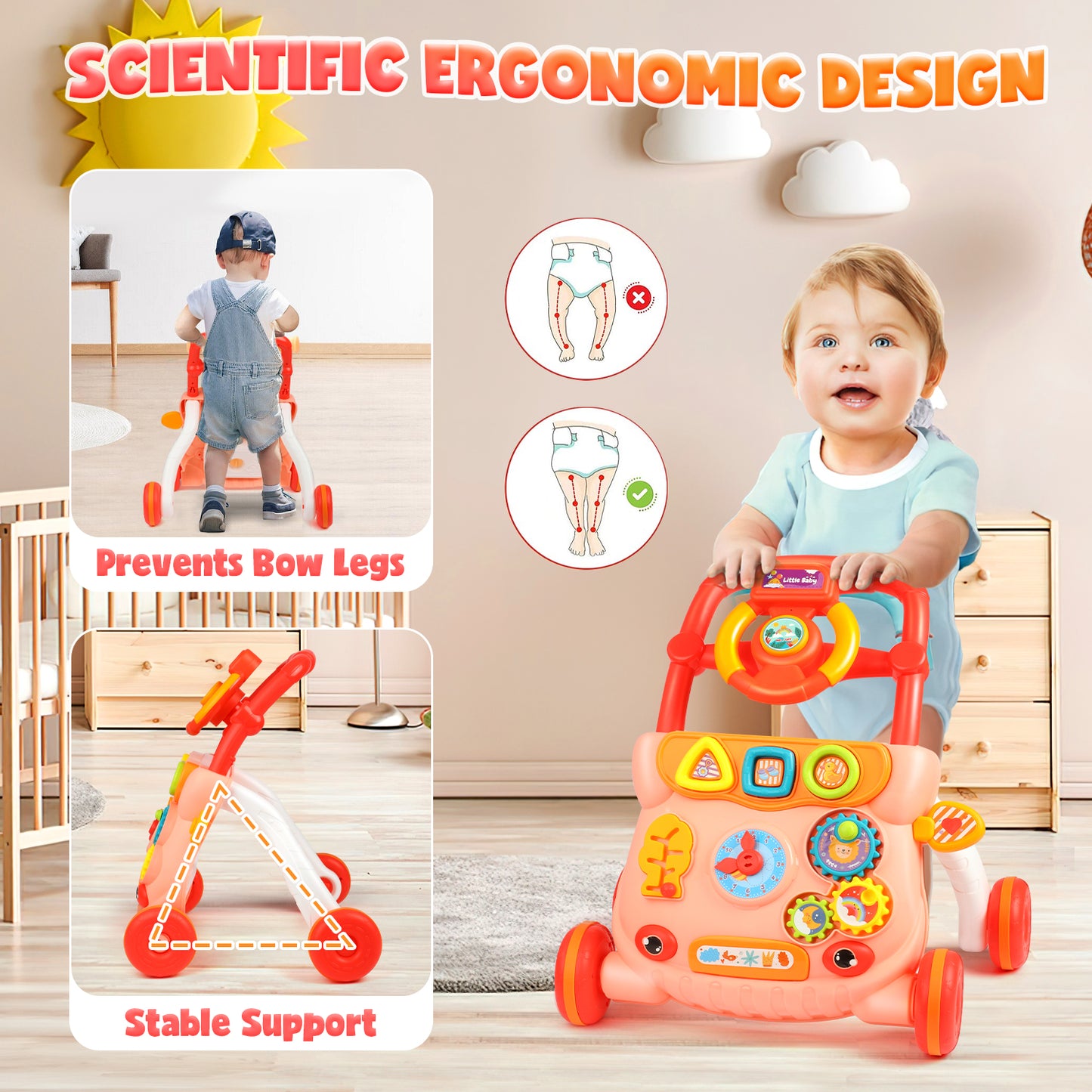 Wave Baby Push Walker Toys, Sit to Stand Early Learning Walker with Activity Center, Baby Push Walker Toy Gift for 6-12 12-18 Months, Red
