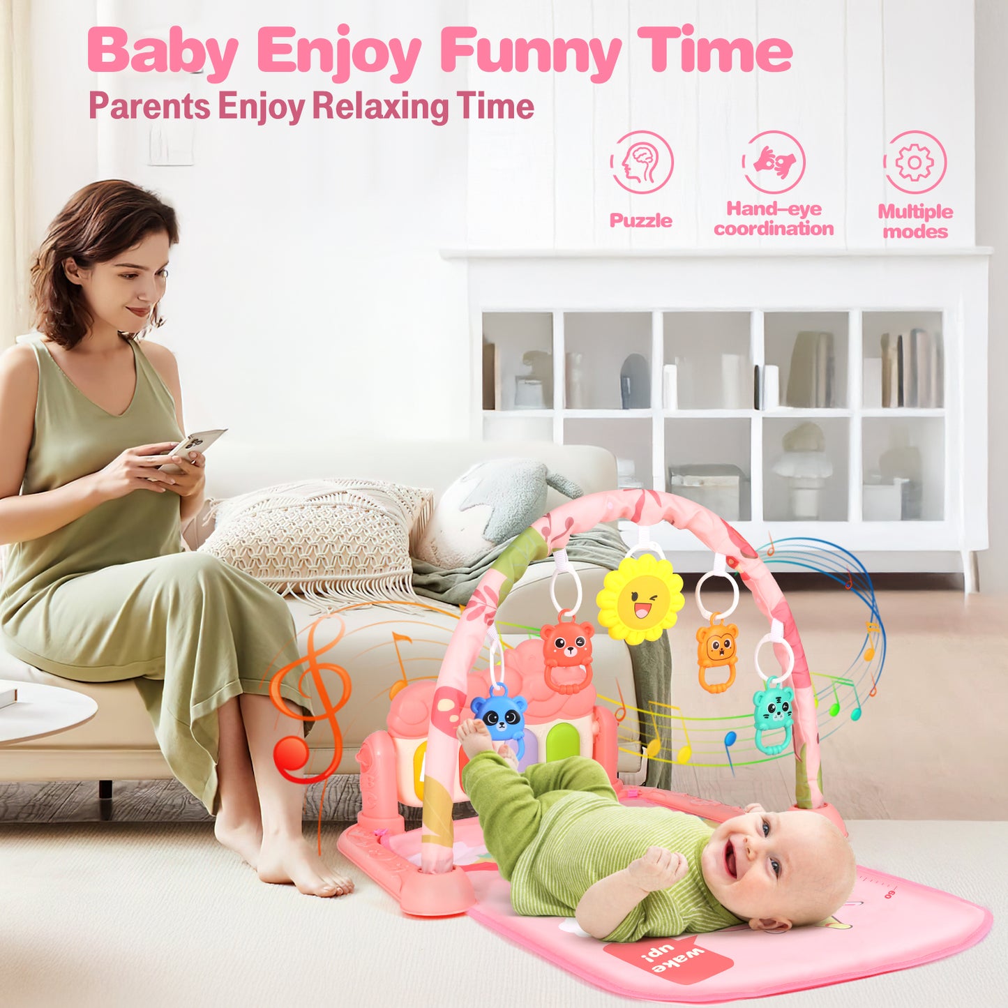 Baby Play Mat, Baby Play Gym Funny Piano Tummy Time, Activity Mat with 5 Infant Learning Sensory Toys, Music and Lights Boy & Girl Gifts for Newborn Baby 0 to 3 6 9 12 Months