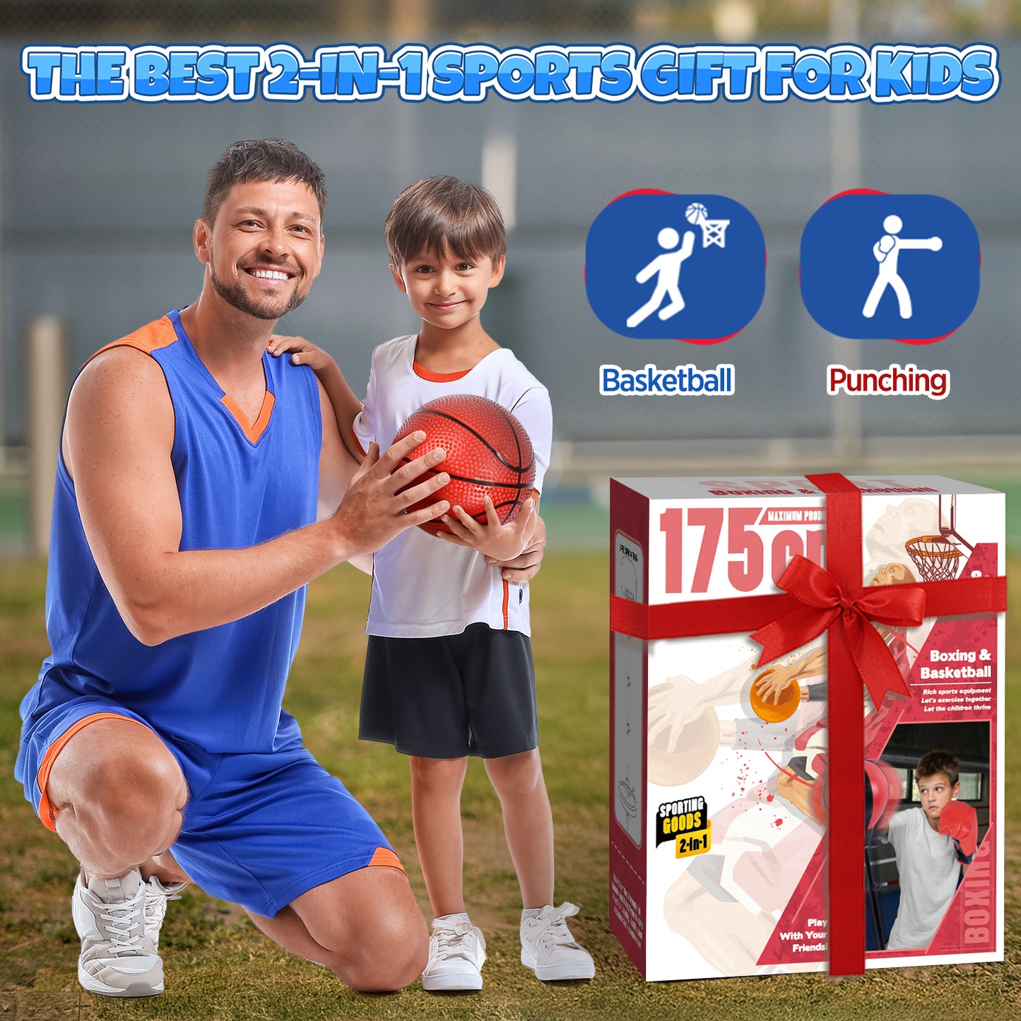 2 in 1 Kids Basketball Hoop and Punching Bag, Toddler Basketball Hoop Indoor Outdoor with Boxing Gloves, Sports Toys Christmas Gifts for Boys Ages 5-10
