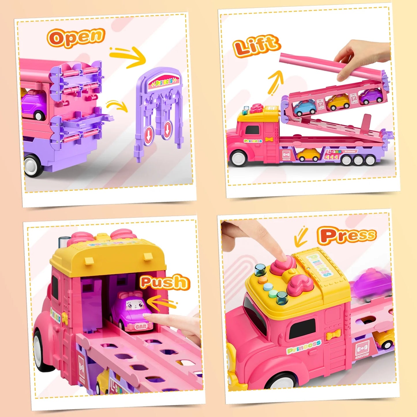 9 in 1 Princess Toy Carrier Truck for Girls, Foldable Transport Truck, Toddlers Pull Back Girl Toy Car Set for 2 3 Years Old, Kids Birthday Gift Christmas Toys Gift for Girls 3 4 5 6+