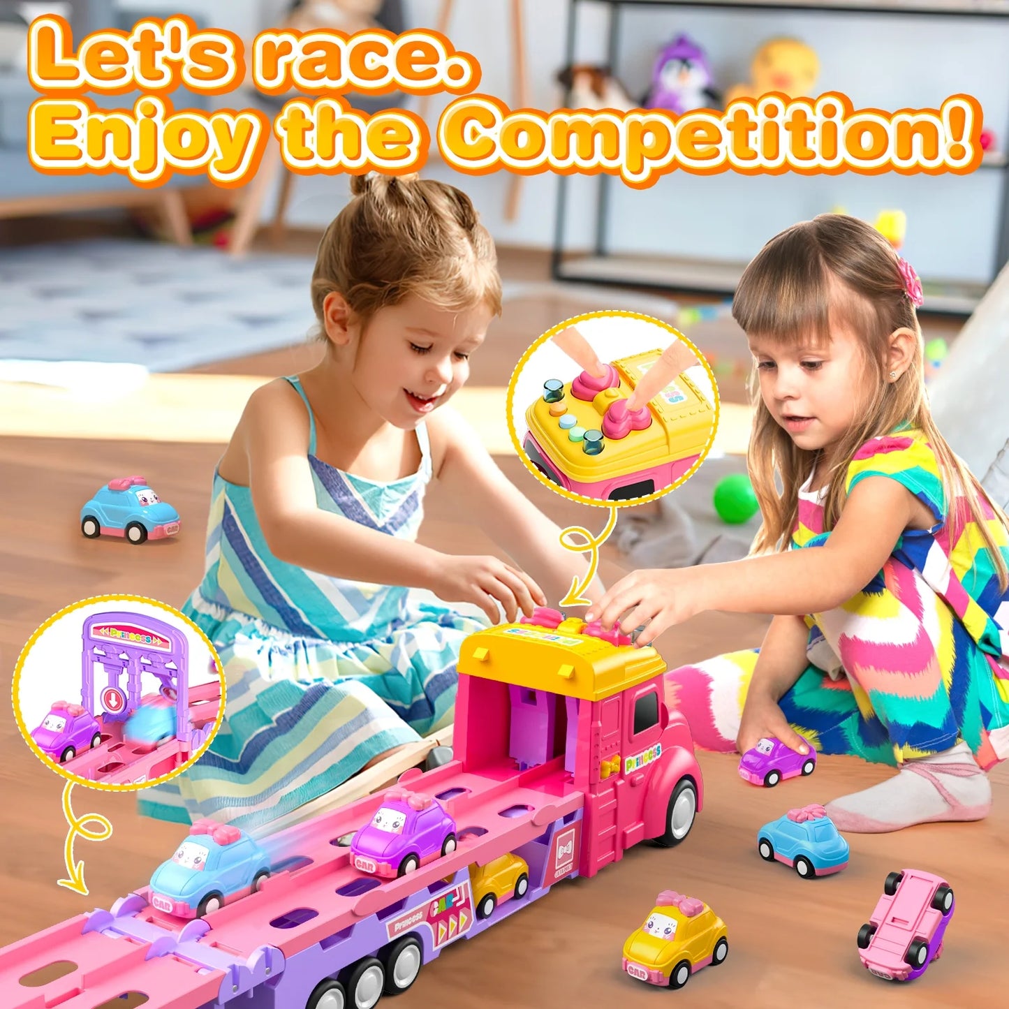 9 in 1 Princess Toy Carrier Truck for Girls, Foldable Transport Truck, Toddlers Pull Back Girl Toy Car Set for 2 3 Years Old, Kids Birthday Gift Christmas Toys Gift for Girls 3 4 5 6+