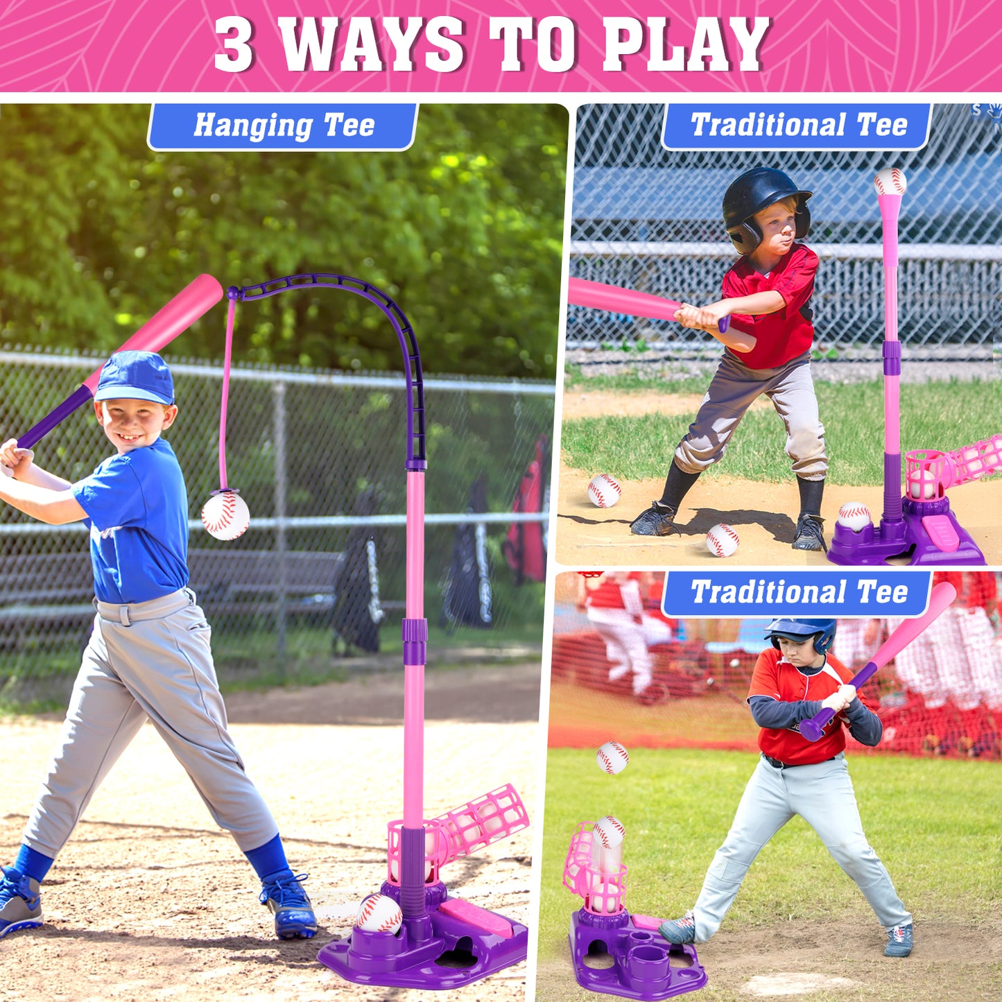 T-Ball Set Baseball Sport Toys for Girls 3-6, Kids Outdoor Toys Includes 6 Balls, Toddlers Outdoor Backyard Baseball Game Sports Play Set for Kids Boys & Girls Ages 3-8, Pink