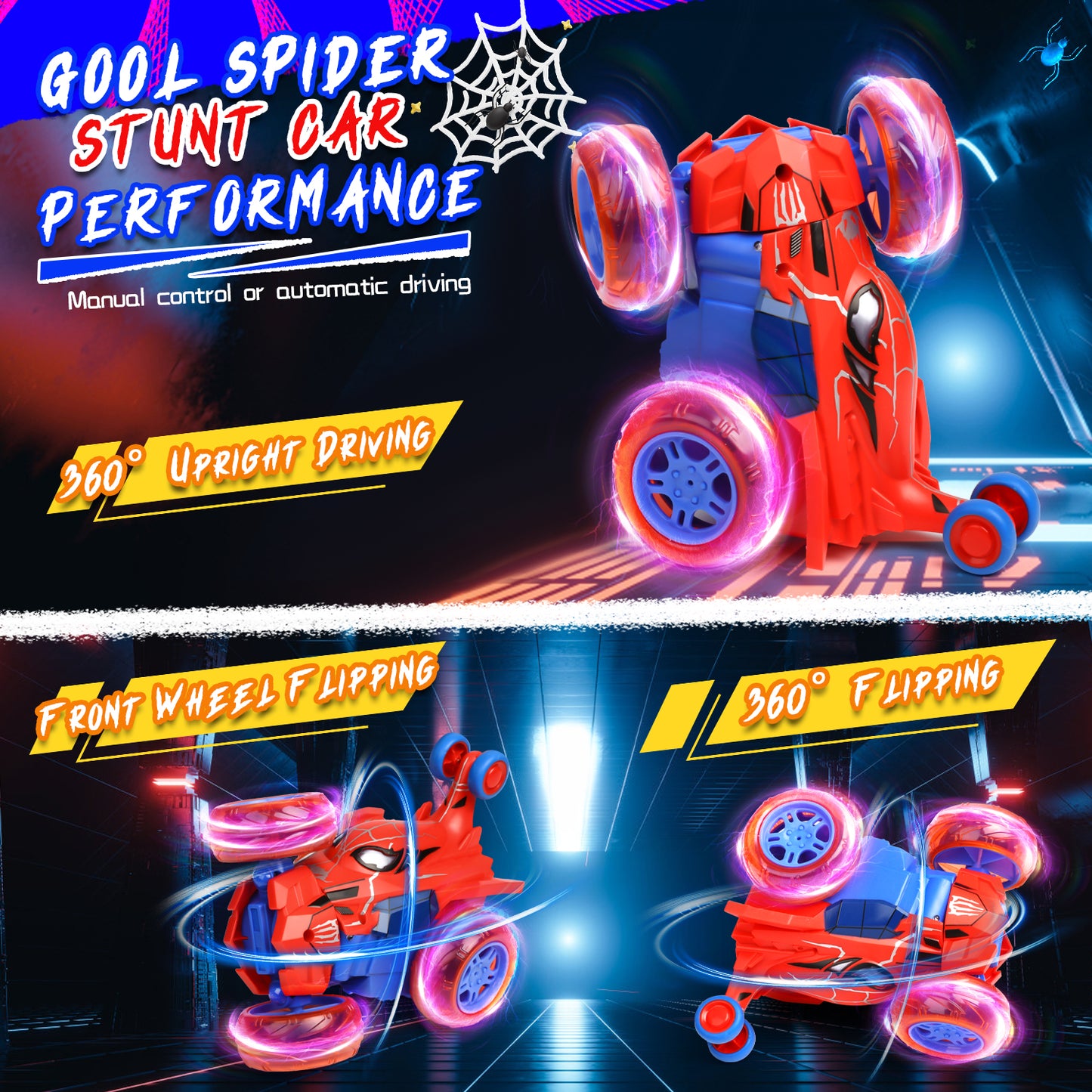 Spider Remote Control Cars, RC Cars Toys for Boys, 2.4Ghz Stunt 360°Rotate Flip Rechargeable w/ Cool Lights Kids Birthday Christmas Gifts for 3-12 Years Old
