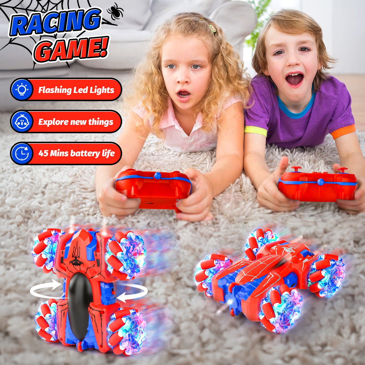 Spider Remote Control Car - Double Sided RC Stunt Car Outdoor Toys For Kids,360° Flip 4WD Rechargeable Race Car for 4 5 6 7 8 9 10 Girls Boys Birthday Easter Gifts