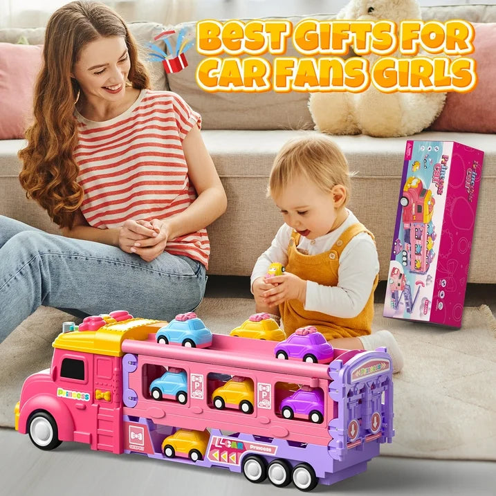9 in 1 Princess Toy Carrier Truck for Girls, Foldable Transport Truck, Toddlers Pull Back Girl Toy Car Set for 2 3 Years Old, Kids Birthday Gift Christmas Toys Gift for Girls 3 4 5 6+