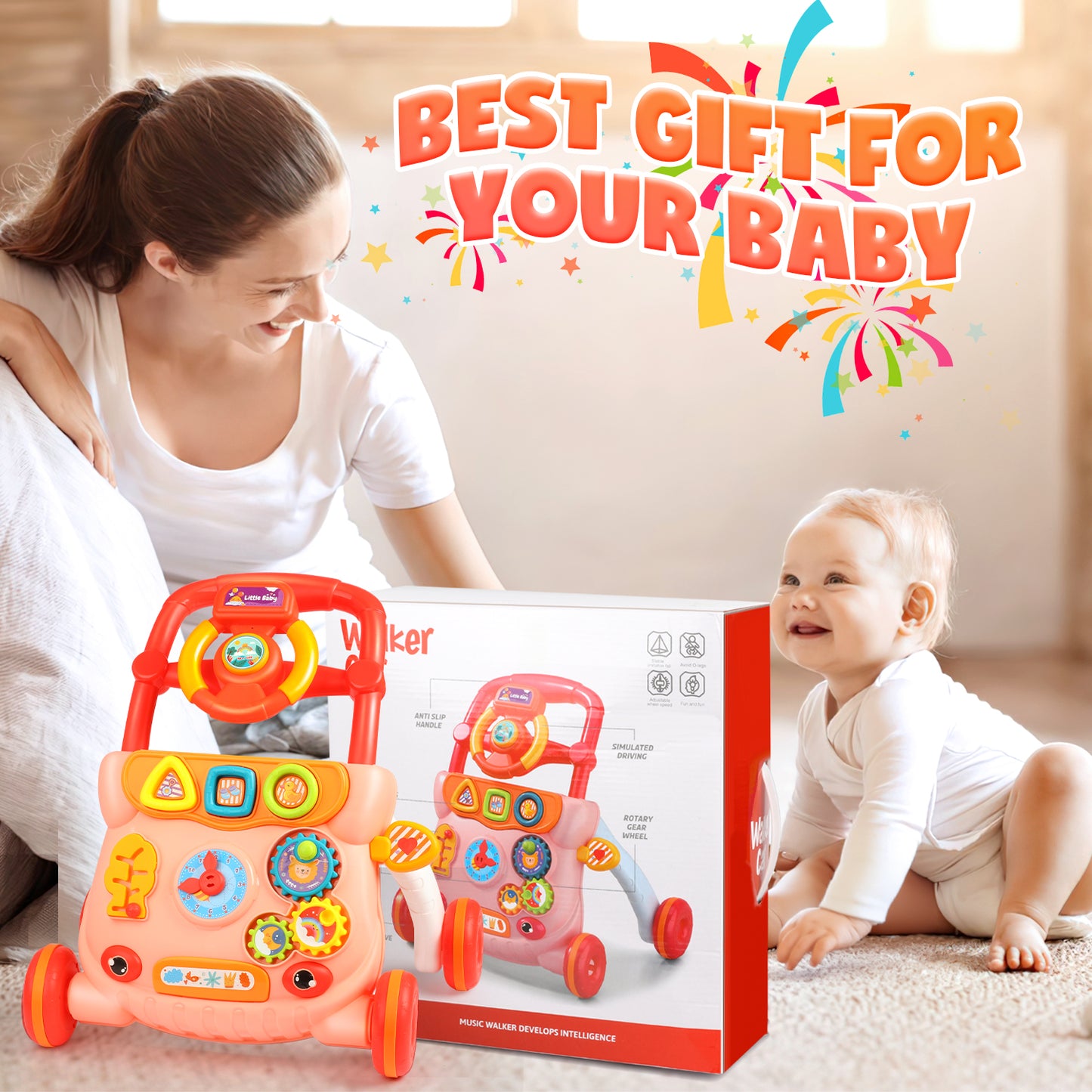 Wave Baby Push Walker Toys, Sit to Stand Early Learning Walker with Activity Center, Baby Push Walker Toy Gift for 6-12 12-18 Months, Red