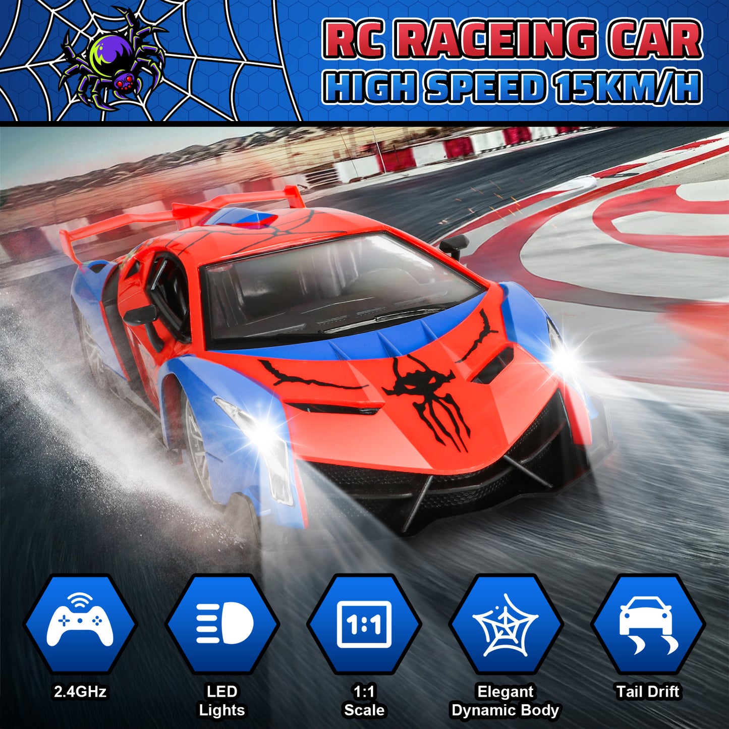 Spider Remote Control Car for Boys 4-12, 2.4Ghz RC Cars Toys, Electric Kids Toys with Cool LED Lights, Hobby Race Cars Toys for Boys Girls Ages 4+Years Old Birthday Gift