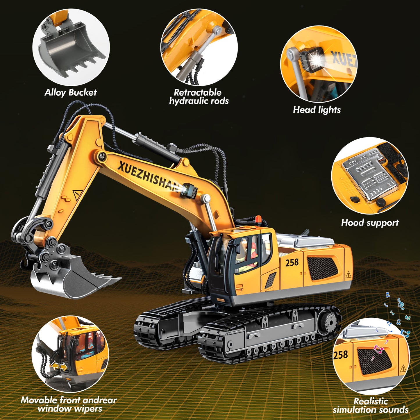 Remote Control Excavator Toys, 11 Channel RC Construction Vehicles Toys with Metal Shovel, Lights, Sounds, Birthday Gift Excavator Toys for Boys 4 5 6 7 8 Years Old