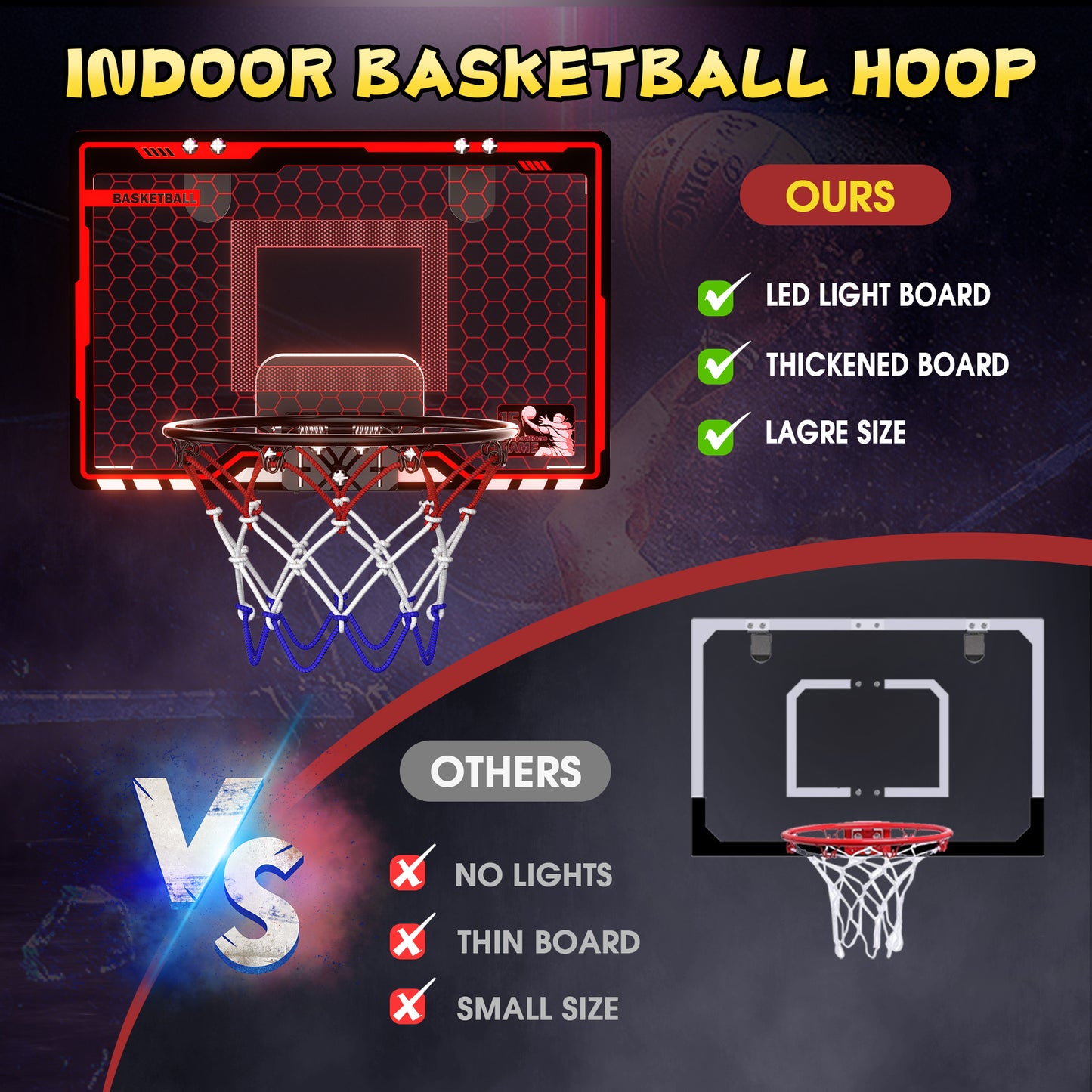 Indoor Basketball Hoop for Kids, Upgraded Basketball Hoop with LED Light, Mini Hoops Basketball with 3 Balls, Basketball Toys Gifts for 3-10 Year Old Boys Girls