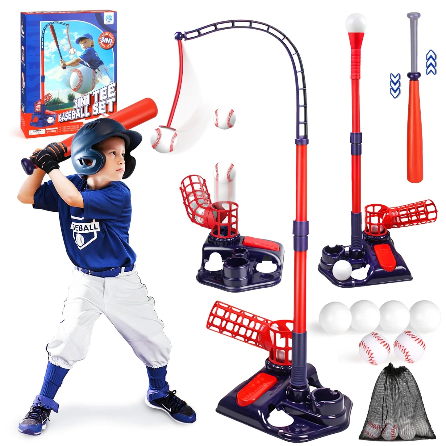 3-in-1 Kids Baseball Set for Ages 3-8, T-Ball Sport Play Set Toys, Baseball Bat Adjustable Height, Indoor/Outdoor Backyard Sports Games Gifts for Boys and Girls(Blue)
