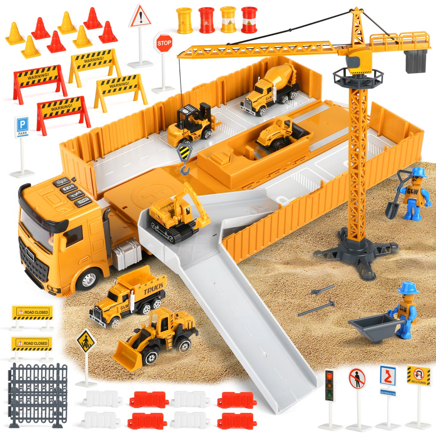 Construction Vehicle Toy Engineering Vehicles Set, 6 Alloy Cars/42 Accessories/2 Figures Construction Truck Toys Set w/tower crane, Toy Gift for Age 3 4 5 6 7 Kids Boys & Girls
