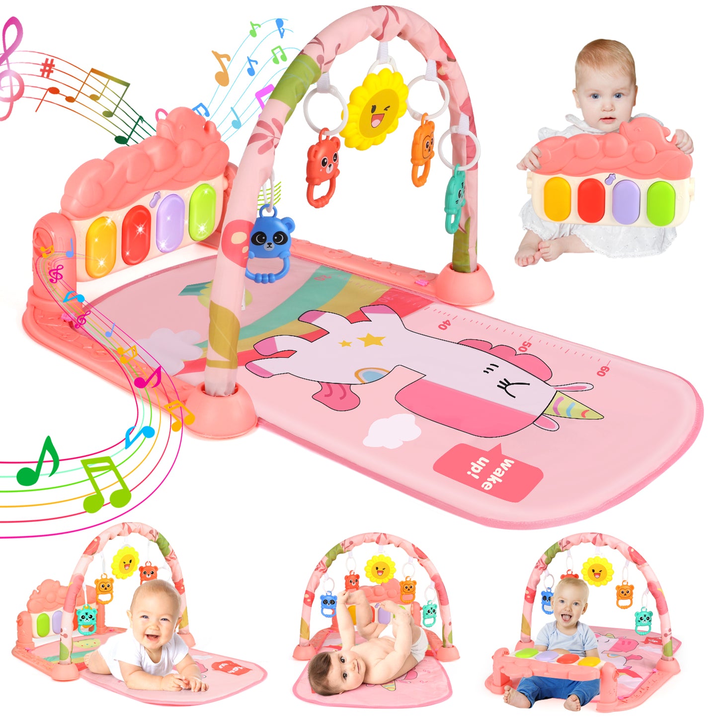 Baby Play Mat, Baby Play Gym Funny Piano Tummy Time, Activity Mat with 5 Infant Learning Sensory Toys, Music and Lights Boy & Girl Gifts for Newborn Baby 0 to 3 6 9 12 Months