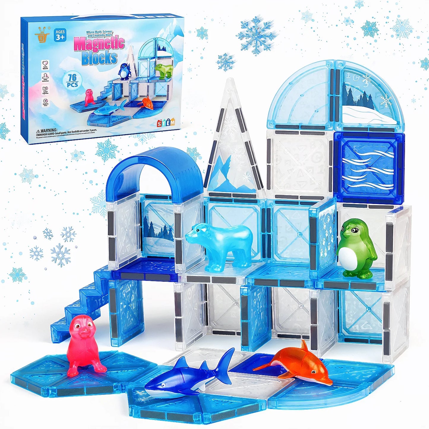 76 PCS Frozen Animals Magnetic Tiles for kids, 3D Building Blocks w/ 5 Animals Magnetic Toys for Toddlers, STEM Learning Toys Birthday Christmas Creative Gifts for Boys Girls 3 4 5 6+