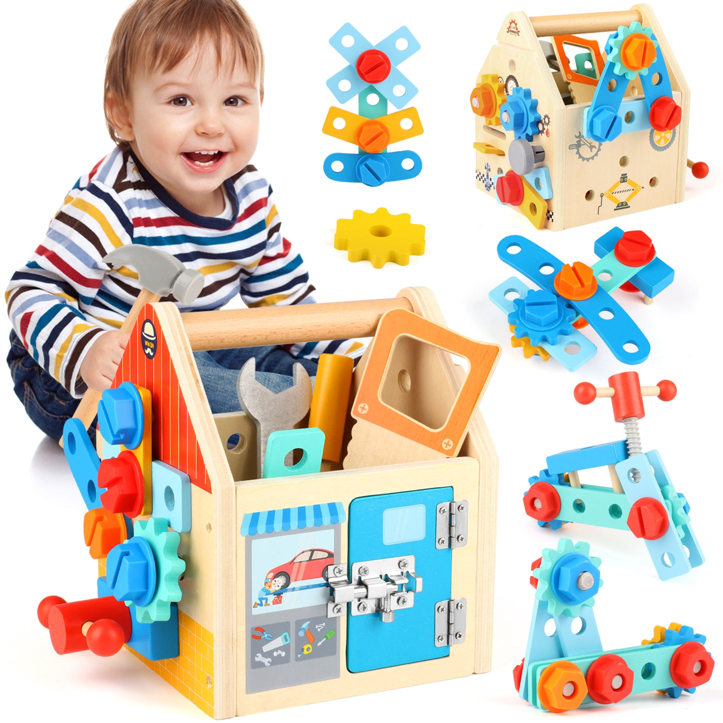 Huge Wave Kids Tool Set for Boys, Wooden Toddler Tool with Box, Montessori Educational Pretend Play Construction Toy, Christmas Gift for Age 2-6 Boys Girls