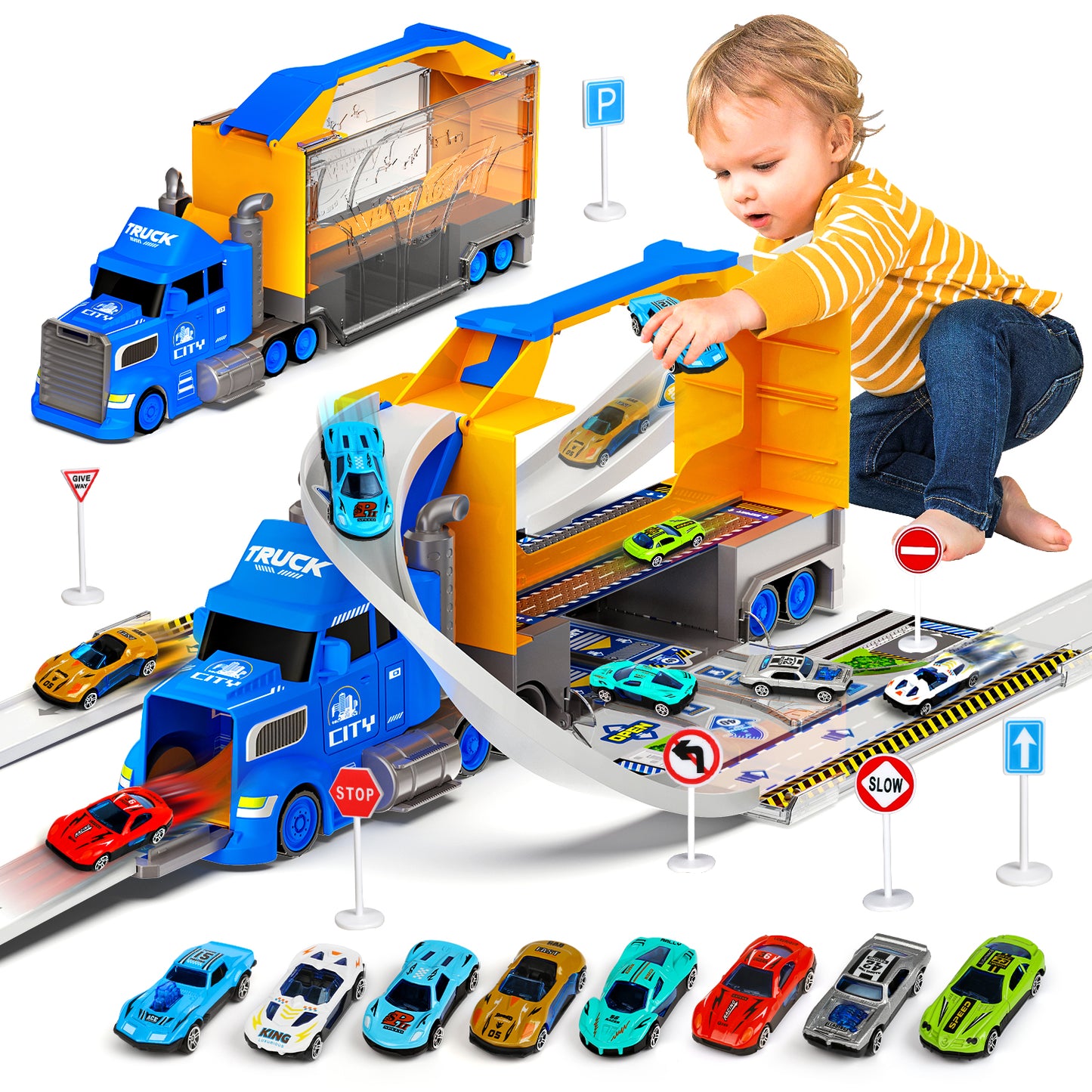 Carrier Truck Race Track Toys for Kids, 2 in1 Transport Trucks Set W/Car Track & 8 Race Cars, Truck Toys for 3-8 Years Old Boys Kids Toddler Car Set Gifts for Boys and Girls(Blue)