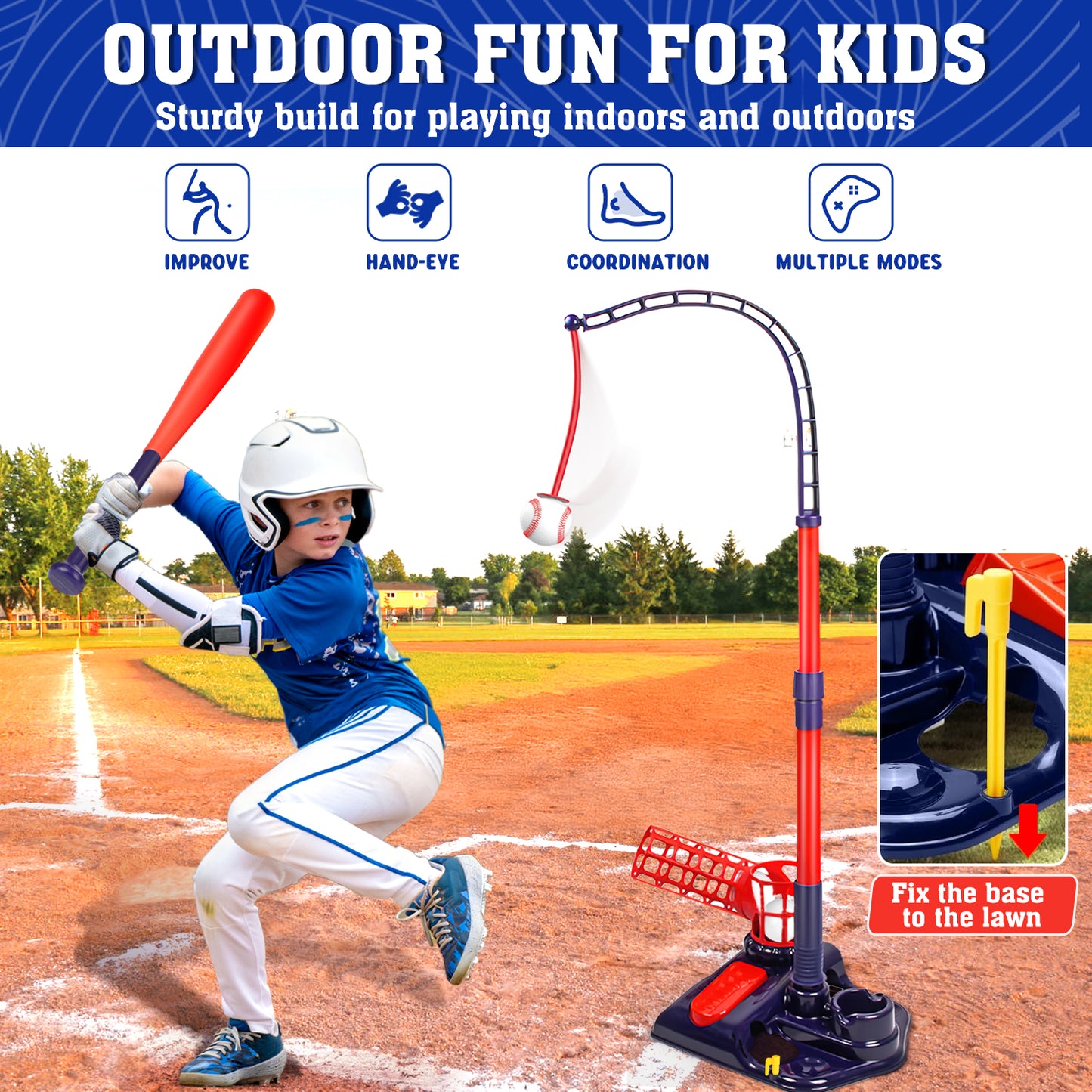 3-in-1 Kids Baseball Set for Ages 3-8, T-Ball Sport Play Set Toys, Baseball Bat Adjustable Height, Indoor/Outdoor Backyard Sports Games Gifts for Boys and Girls(Blue)