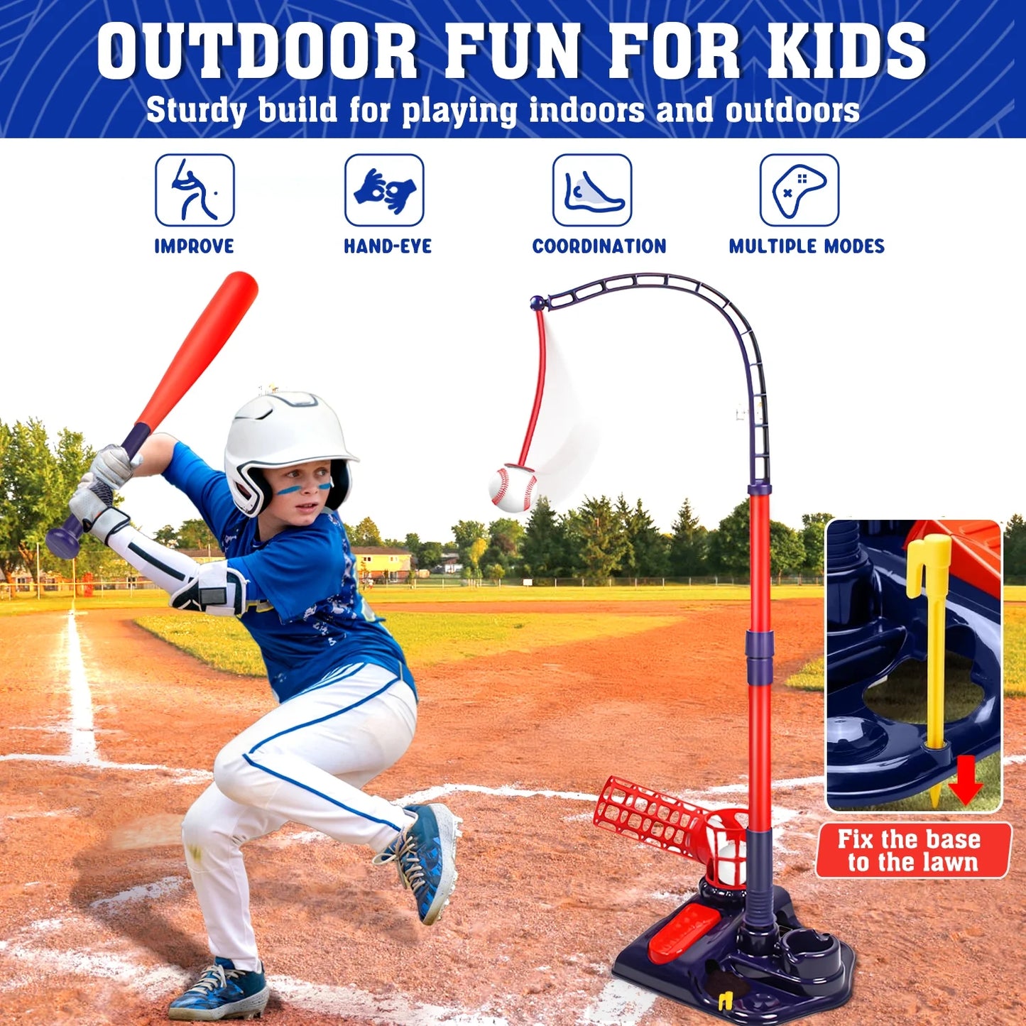 3-in-1 Kids Baseball Set for Ages 3-8, T-Ball Sport Play Set Toys, Baseball Bat Adjustable Height, Indoor/Outdoor Backyard Sports Games Gifts for Boys and Girls(Blue)