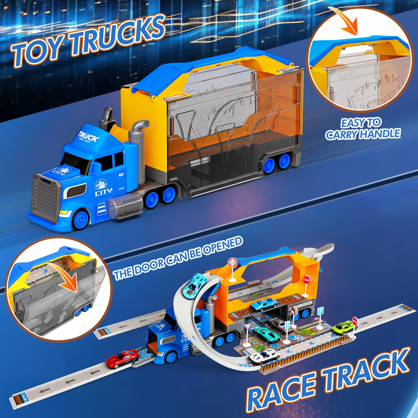 Carrier Truck Race Track Toys for Kids, 2 in1 Transport Trucks Set W/Car Track & 8 Race Cars, Truck Toys for 3-8 Years Old Boys Kids Toddler Car Set Gifts for Boys and Girls(Blue)