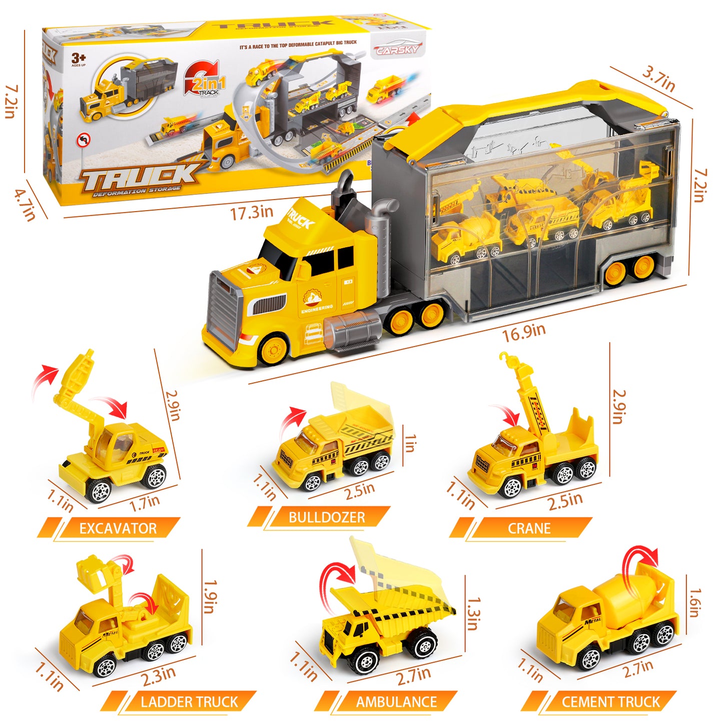 Construction Trucks for Toddlers Race Track Play set, 7in1 Construction Toys in Transport Car Carrier,Kids Construction Toys Birthday Gifts for Boys Girls 5-7(Yellow)