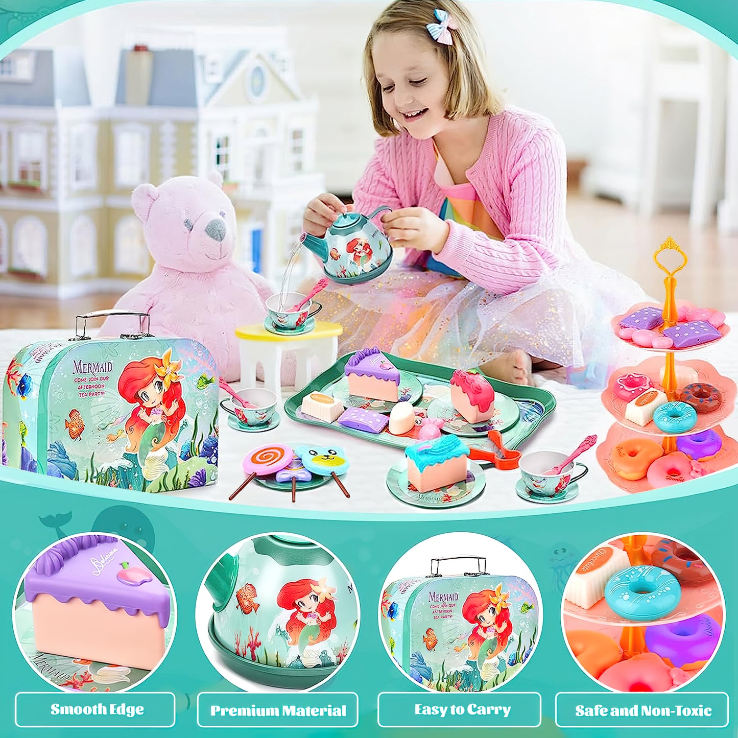 48 Pcs Kids Tea Set with Treats, Pretend Play Tea Set for Imaginative Fun, Mermaid Themed Toy Tea Set for Children, Perfect for Pretend Tea Parties, Birthday Christmas Gift for Girls 3+