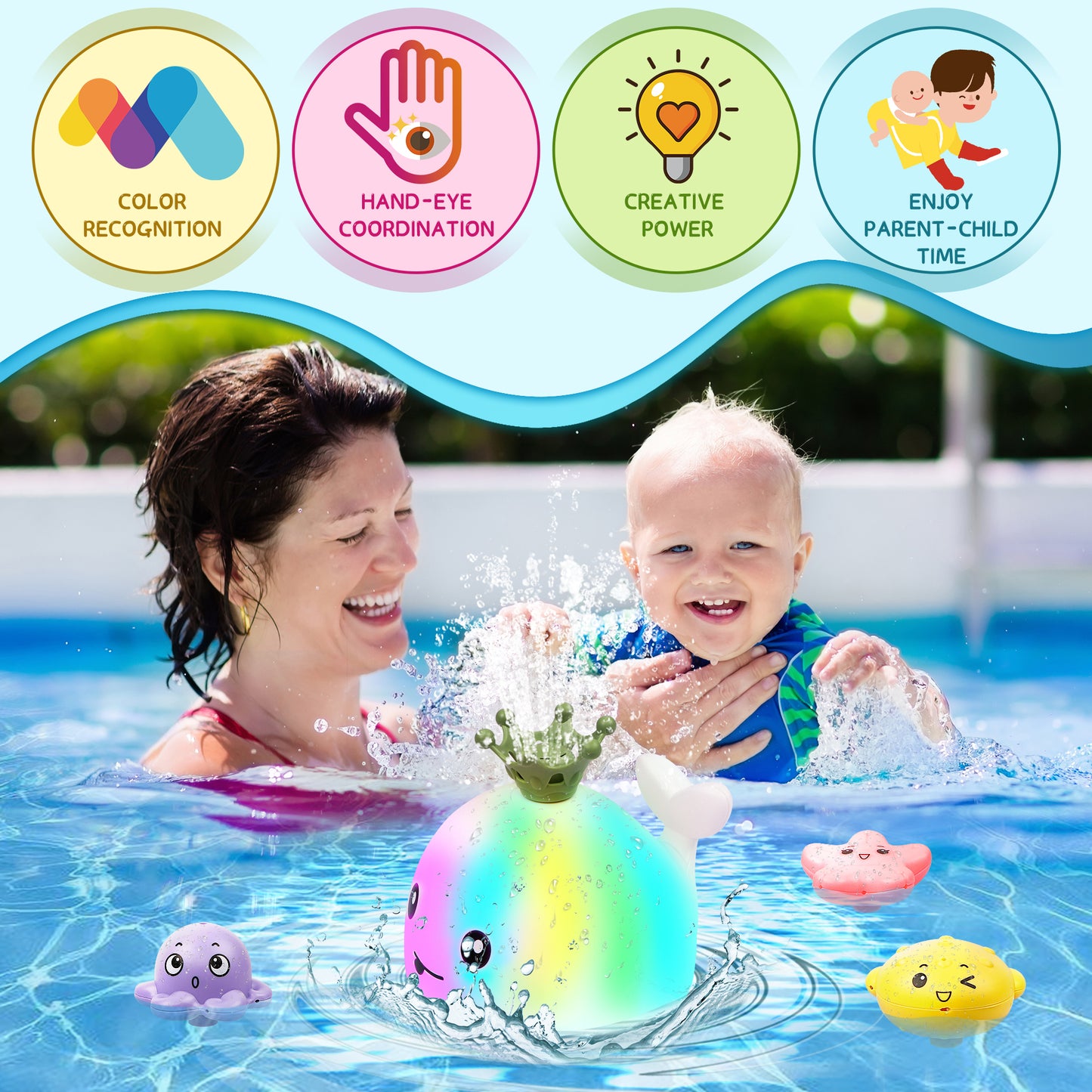 Waterproof Light-up Baby Bath Toy, with Smooth Design and Multiple Water Spraying Modes - White, Perfect for Baby Bathing, Birthday Christmas Gift for Baby Boys Girls