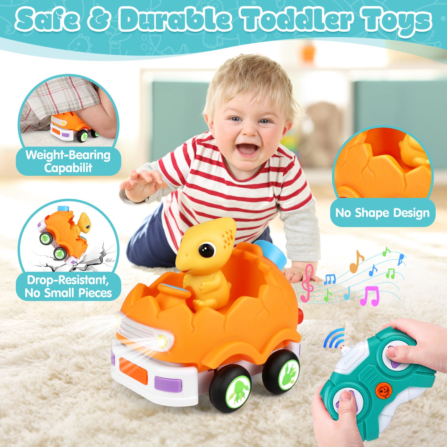 Huge Wave Remote Control Car for Toddlers, Race RC Cars Toys with 5 Dinosaur Dolls, Toddler Sensory Toys with Lights & Musics, Christmas Gift for Boys and Girls 2-6 Years Old