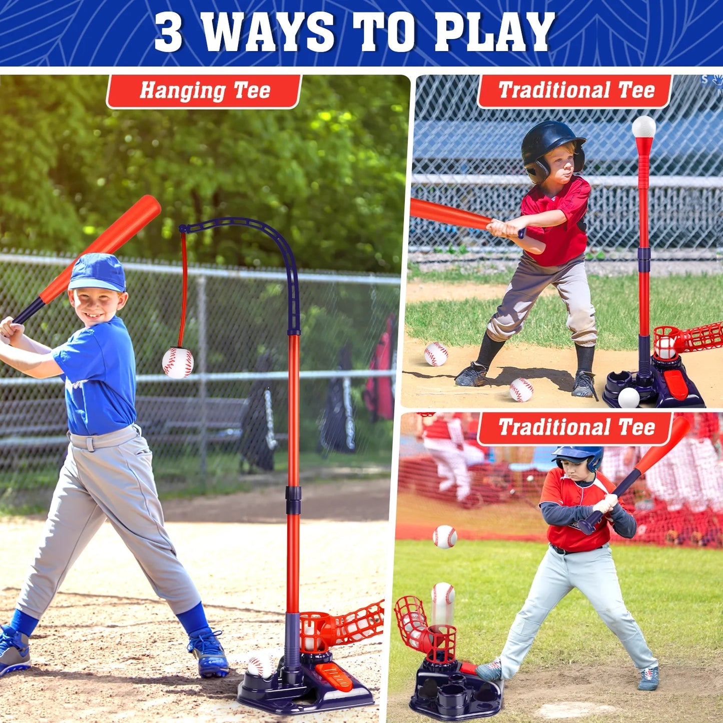 3-in-1 Kids Baseball Set for Ages 3-8, T-Ball Sport Play Set Toys, Baseball Bat Adjustable Height, Indoor/Outdoor Backyard Sports Games Gifts for Boys and Girls(Blue)