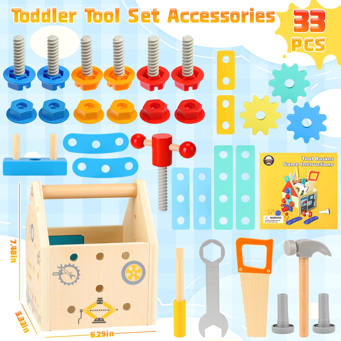 Huge Wave Kids Tool Set for Boys, Wooden Toddler Tool with Box, Montessori Educational Pretend Play Construction Toy, Christmas Gift for Age 2-6 Boys Girls