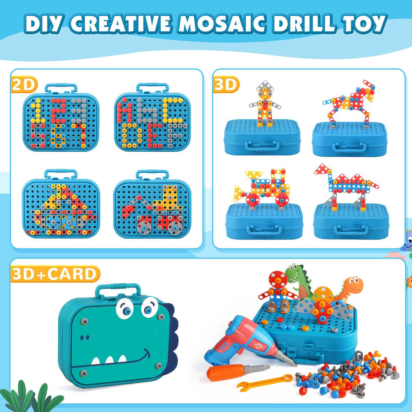 Huge Wave Magic Montessori Play Toolbox for Kids, 298Pcs Dinosaur Toy 2D/3D Engineering Building Play Tool Box with Drill, Creativity Christmas Gifts for Toddler Aged 3-8