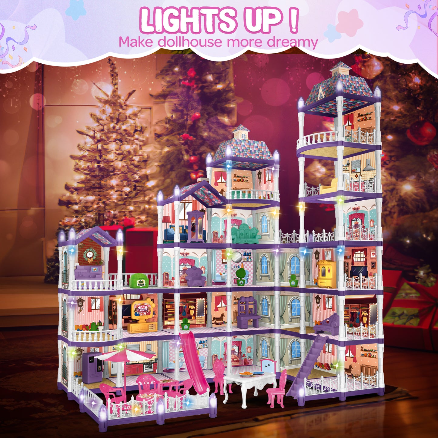 Kids DollHouse Set for Girls, 23 Rooms and 2 Balcony Doll house Furniture and Accessories with Colorful Lights, 493PCS Creative Toys Gift for Girls Ages 3+