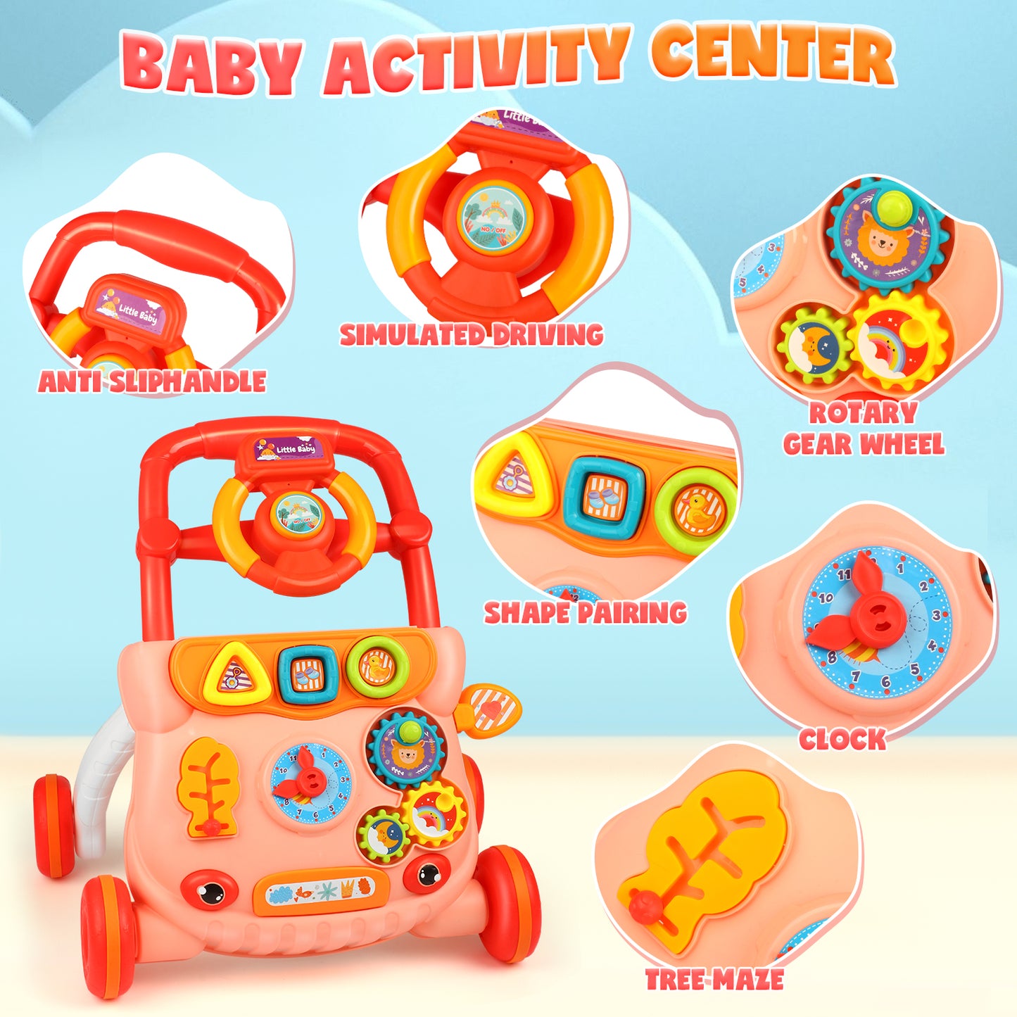 Wave Baby Push Walker Toys, Sit to Stand Early Learning Walker with Activity Center, Baby Push Walker Toy Gift for 6-12 12-18 Months, Red