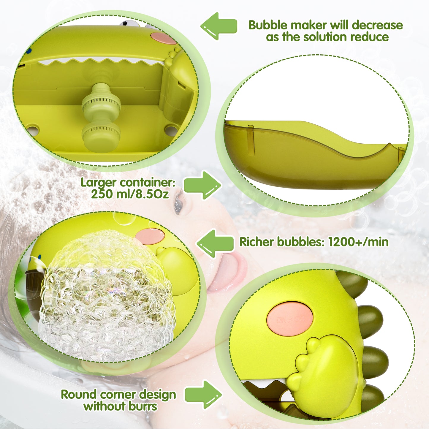 Dinosaur Bath Toys for Baby, Green Bathtub Toys Bubble Maker Machine, 12 Children's Songs Christmas Gift for Toddler Girls Boys 18 Months up