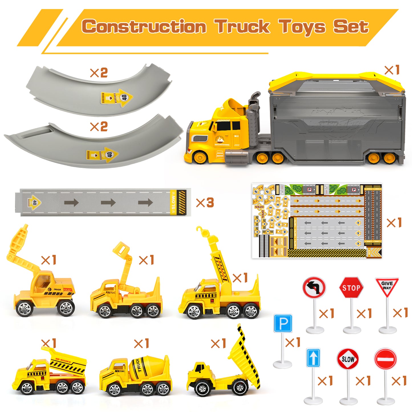 Construction Trucks for Toddlers Race Track Play set, 7in1 Construction Toys in Transport Car Carrier,Kids Construction Toys Birthday Gifts for Boys Girls 5-7(Yellow)