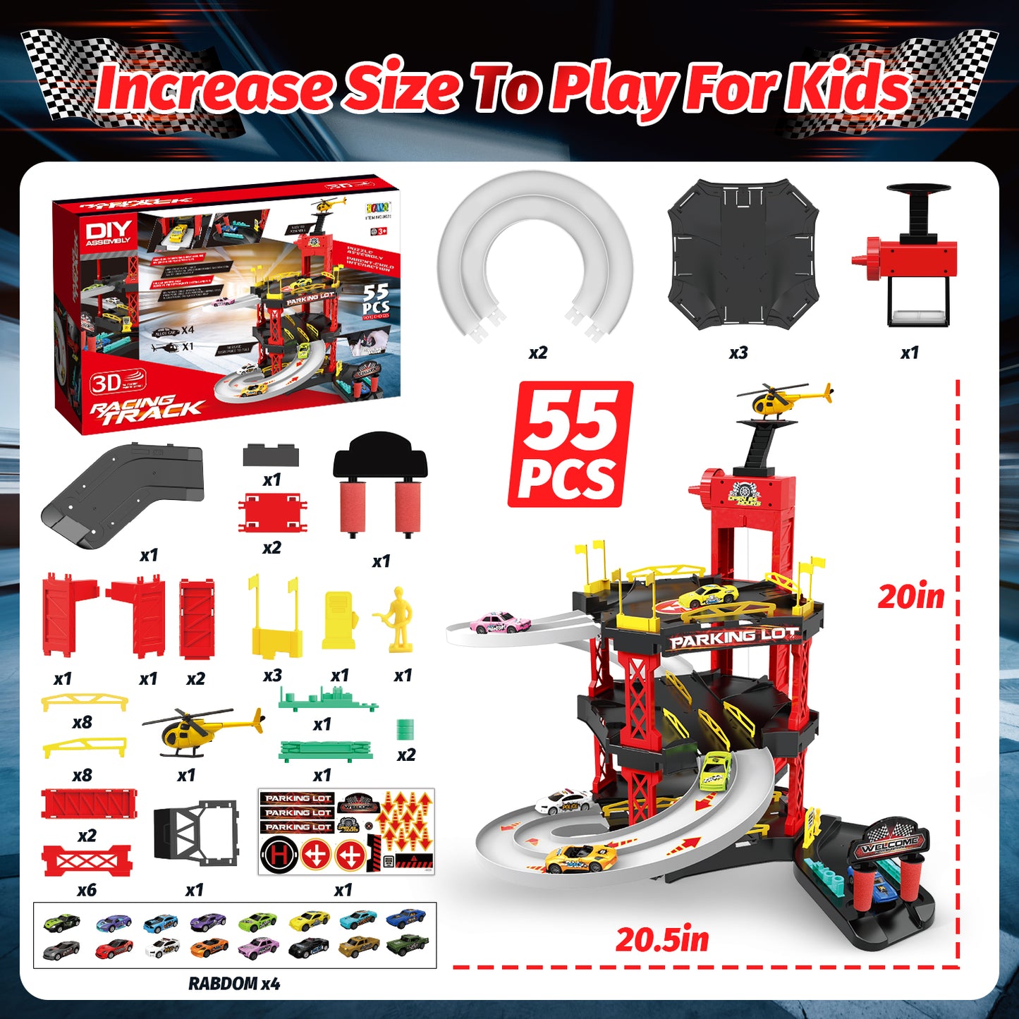 Huge Wave Garage Playset Race Car Track Set, Toy Vehicle Parking Lot for Toddlers, Race Ramp Track Toy, with 4 Alloy Cars & Helicopter, Kids Vehicle Set Gifts for 3-8 Years Old Boys and Girls