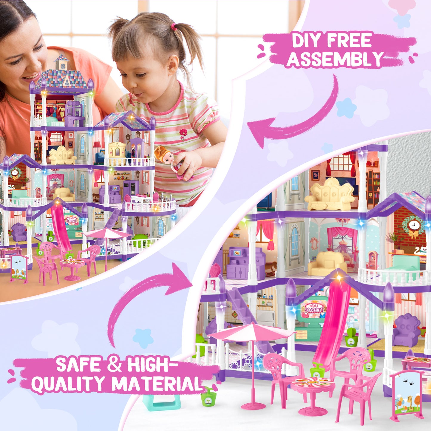 Kids DollHouse Set for Girls, 23 Rooms and 2 Balcony Doll house Furniture and Accessories with Colorful Lights, 493PCS Creative Toys Gift for Girls Ages 3+