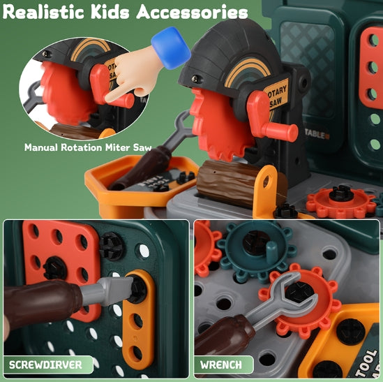 Huge Wave Kids Tool Bench Set, 46 PCS Pretend Play Tool Work Bench for Kids, with Electric Saw Set, Construction Toys Learning Gift for Boys & Girls Age 3-8 Years Old