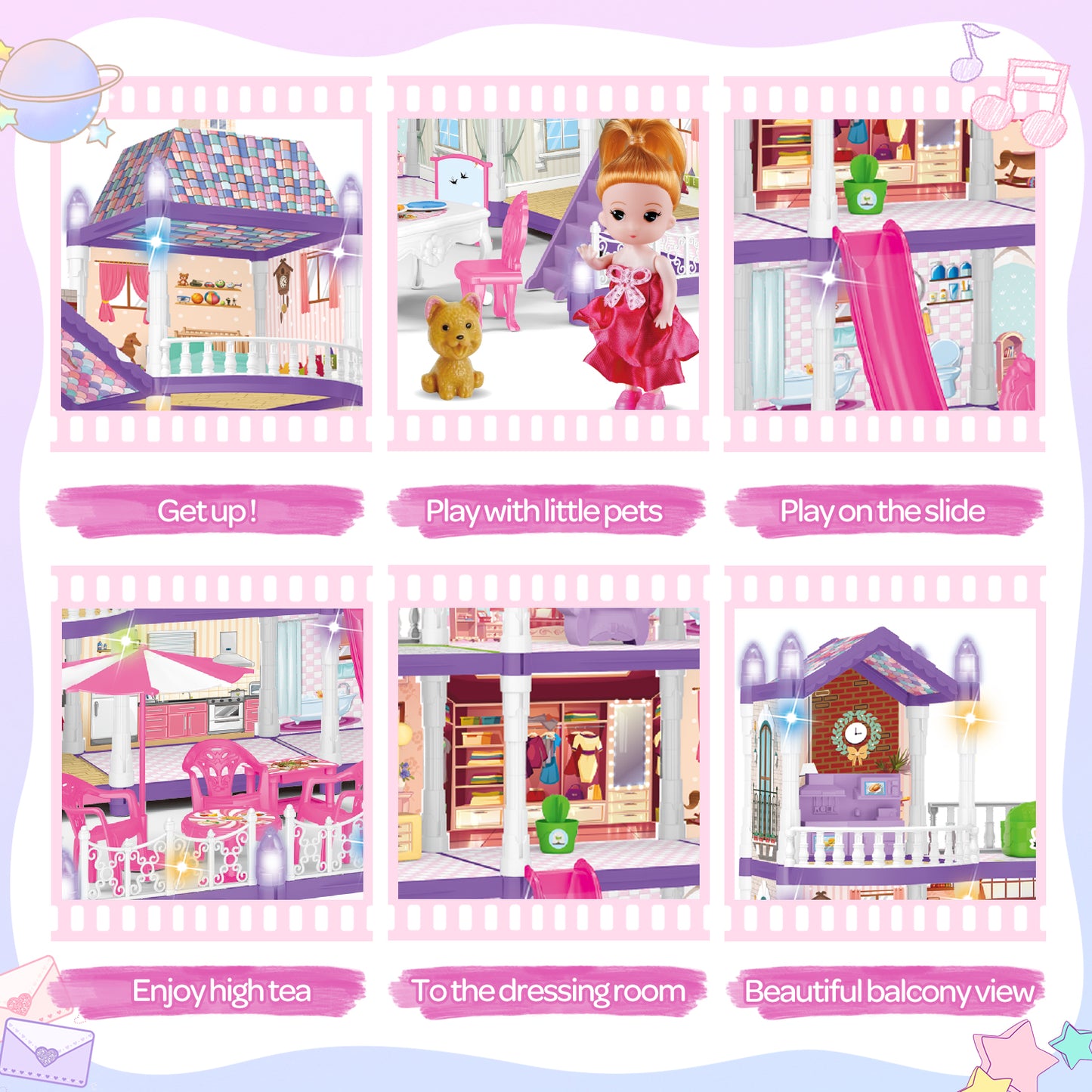 Kids DollHouse Set for Girls, 23 Rooms and 2 Balcony Doll house Furniture and Accessories with Colorful Lights, 493PCS Creative Toys Gift for Girls Ages 3+