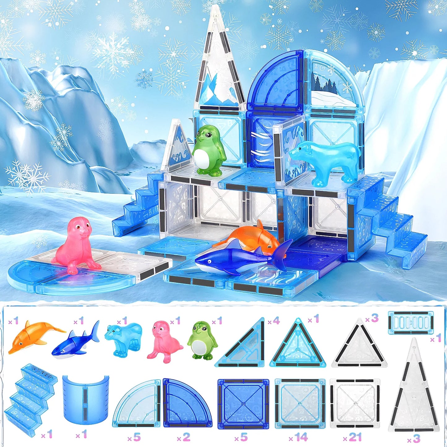 76 PCS Frozen Animals Magnetic Tiles for kids, 3D Building Blocks w/ 5 Animals Magnetic Toys for Toddlers, STEM Learning Toys Birthday Christmas Creative Gifts for Boys Girls 3 4 5 6+