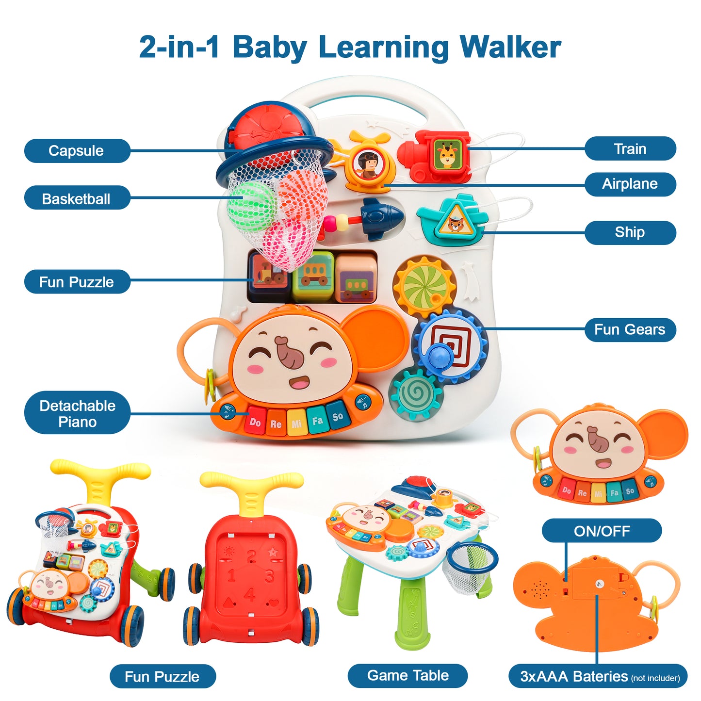 Multifunctional Sit-to-Stand Baby Walker for Baby, Early Educational Learning Toy and Activity Center for Boys and Girls-Red, Christmas Gift for Toddlers Boys Girls Birthday