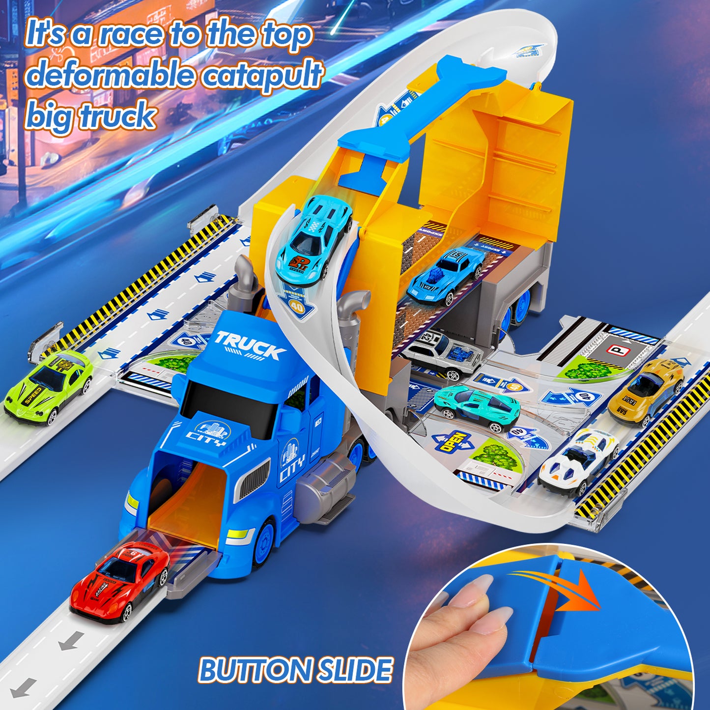 Carrier Truck Race Track Toys for Kids, 2 in1 Transport Trucks Set W/Car Track & 8 Race Cars, Truck Toys for 3-8 Years Old Boys Kids Toddler Car Set Gifts for Boys and Girls(Blue)