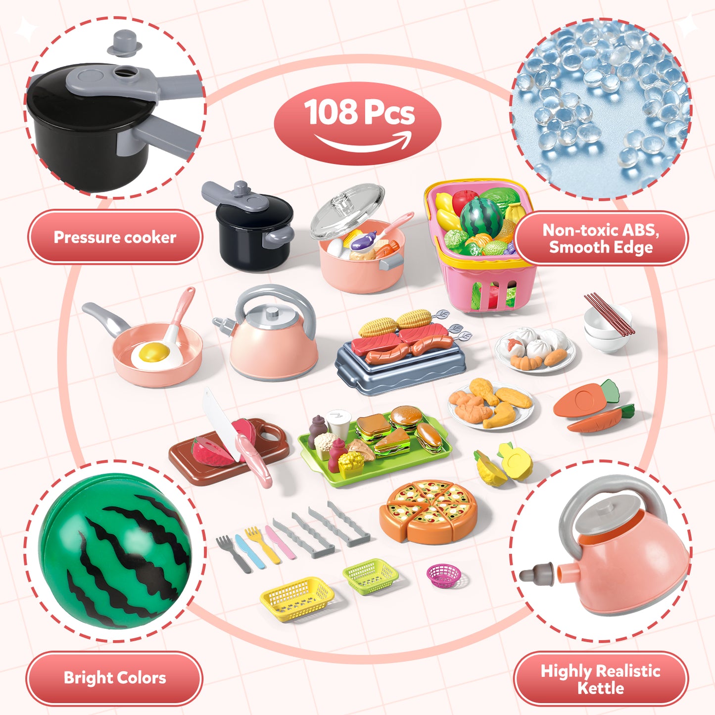 Huge Wave 108Pcs Kids Pretend Play Kitchen Accessories Set, Toddlers Kitchen Pretend Play Toys, with Pots and Pans, Cookware Toys, Food Cooking Playset for Girls and Boys Age 3-8