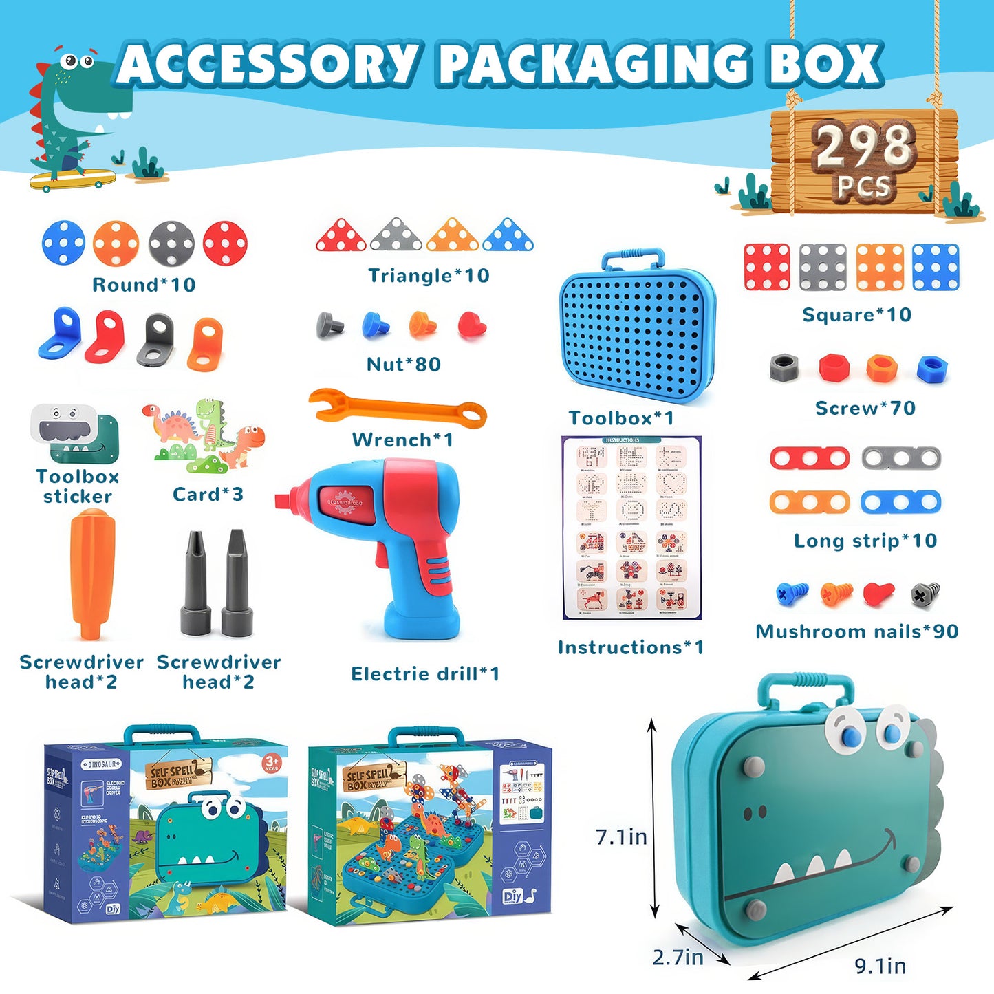 Huge Wave Magic Montessori Play Toolbox for Kids, 298Pcs Dinosaur Toy 2D/3D Engineering Building Play Tool Box with Drill, Creativity Christmas Gifts for Toddler Aged 3-8