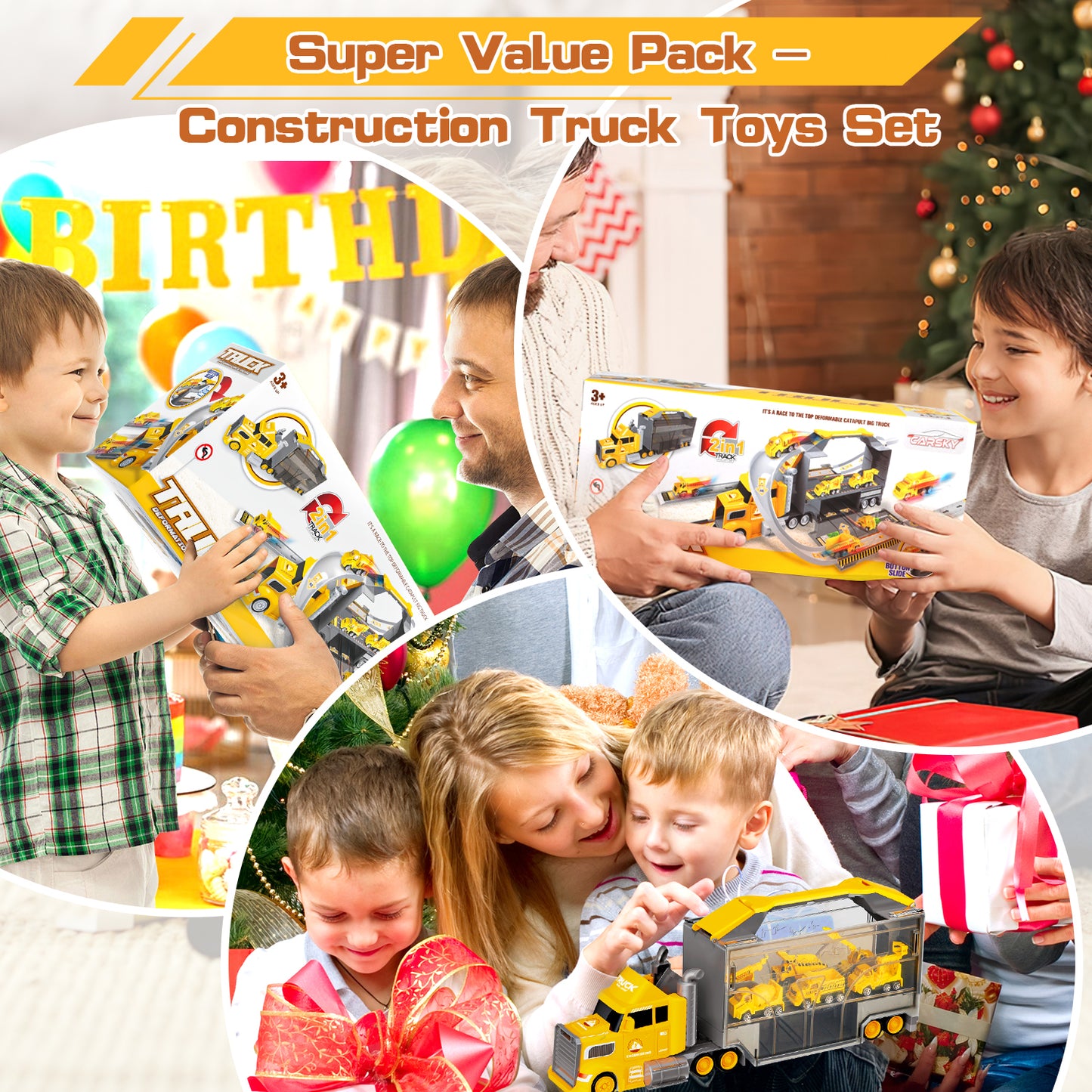 Construction Trucks for Toddlers Race Track Play set, 7in1 Construction Toys in Transport Car Carrier,Kids Construction Toys Birthday Gifts for Boys Girls 5-7(Yellow)