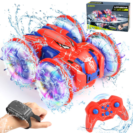 Huge Wave Remote Control Cars, Amphibious RC Boat Toys for Boys 3-12, 2.4GHz 4WD Gesture 360° Spider Double Sided Rotating Waterproof RC Stunt Car with LED Lights, Christmas Gift for Kids