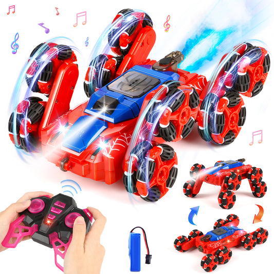 Huge Wave Remote Stunt Control Cars, 8WD RC Off-Road Car, Transformation Double-side Driving, with Gesture Control, Lights & Music and Spray, Gift for Kids Age 8-12