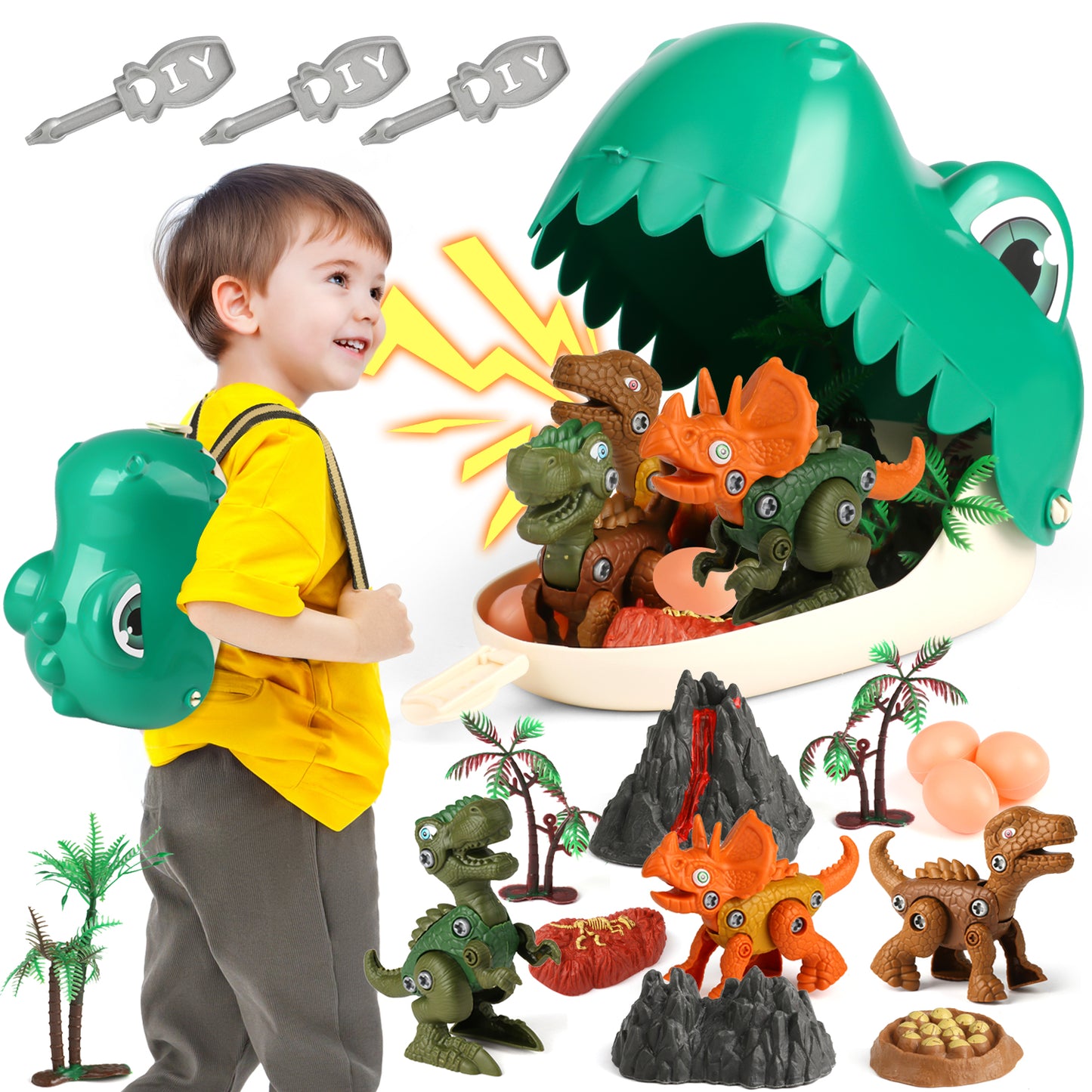 Huge Wave Dinosaur Toys for kids, Dinosaur Play Set with Storage Backpack, Dinosaur Figures, Container to Create a Dinosaur World Great Gift for Boys Girls Toddles Ages 3 4 5 6 7 8